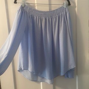 Express L. Long sleeve off the shoulder top. Blue white polka dot.